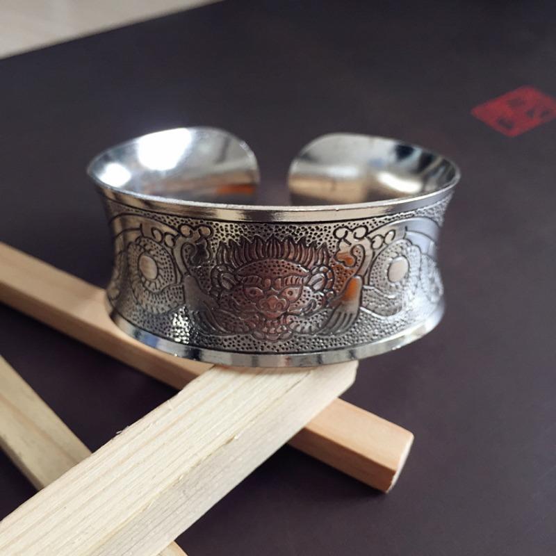 Retro Silver Bracelet Engraved Opening Wide Bracelet Fashionable Personality Miao Silver Old Antique Jewelry
