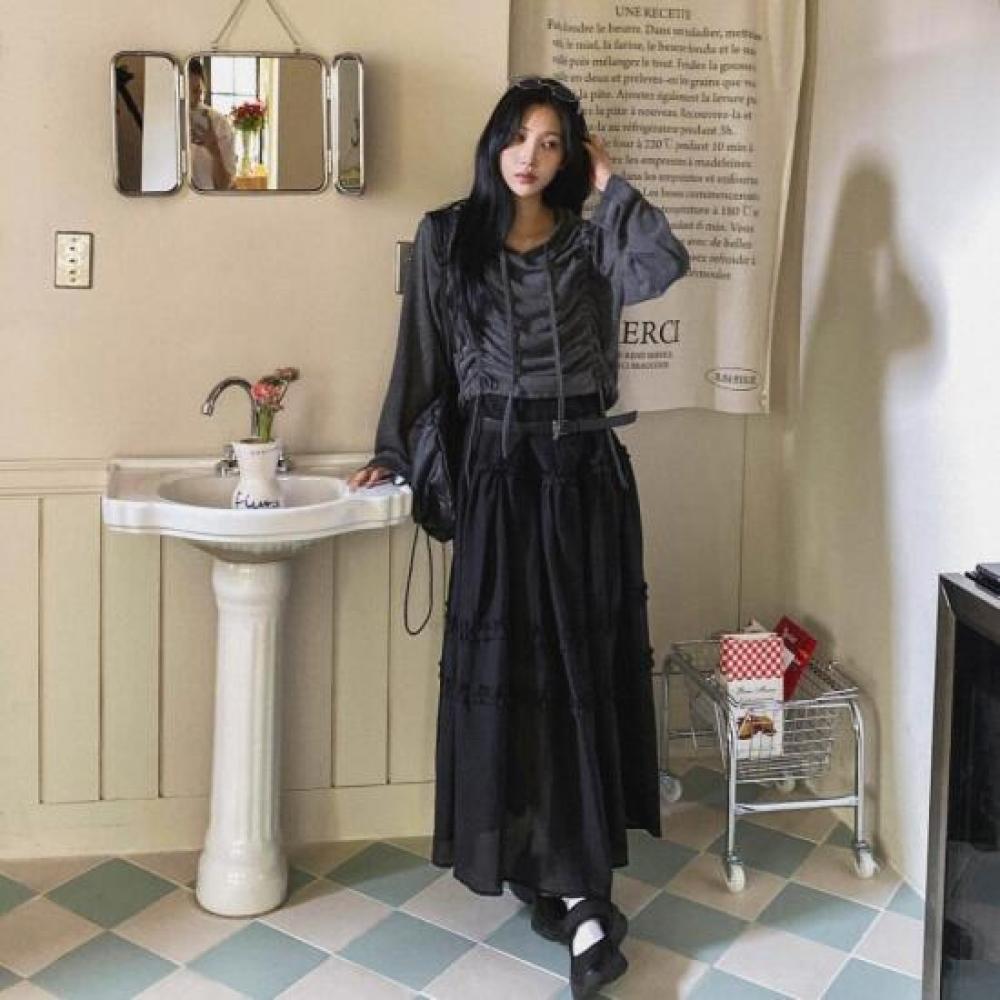 New Arrivals Open Run Women Hooded T shirT pinTuck Shirring Loose fiT