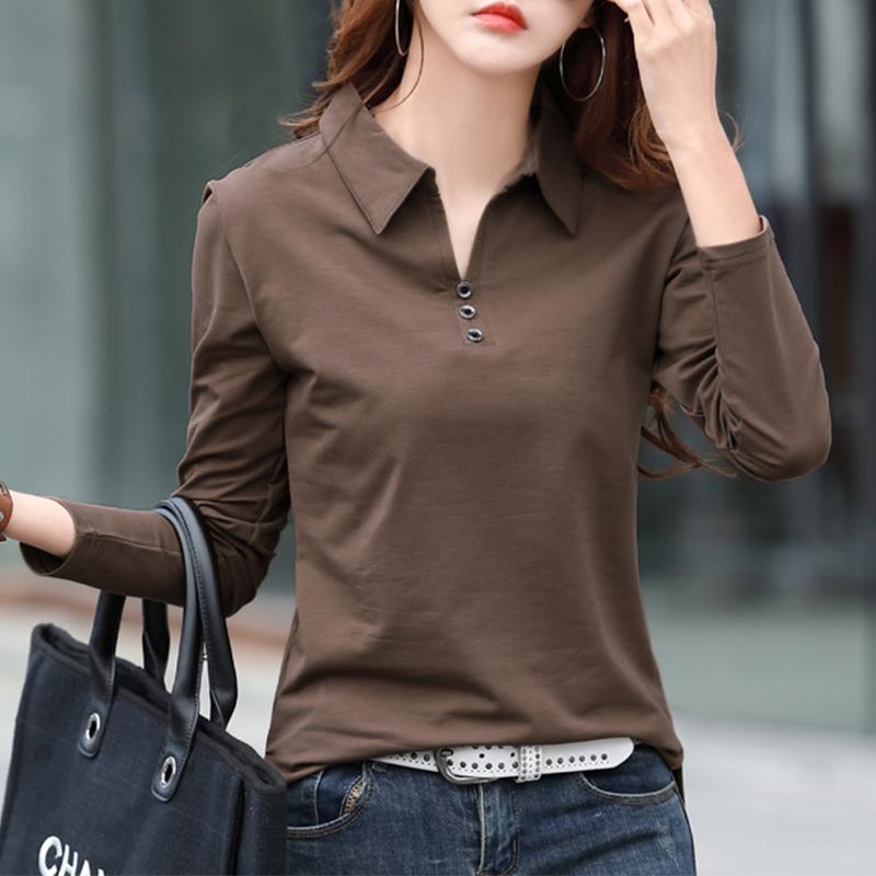 Cotton T Shirt Office Woman Spring Casual Long Sleeve Lapel T-shirt Autumn Loose Korean Style Plus Size Female Shirts