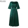 ZANZEA Women Casual Round Neck Loose 3/4 Sleeve Solid Long Dress