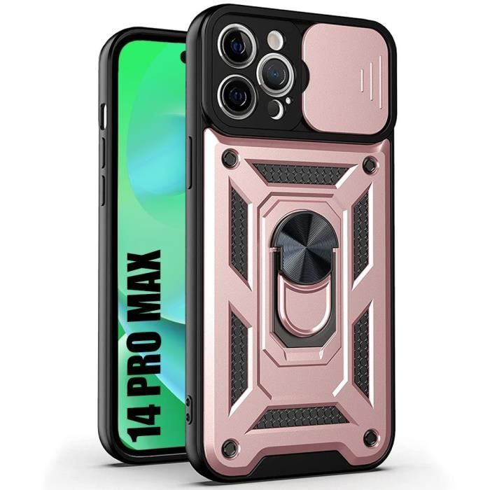 Coque pour iPhone 14 Pro Max - Antichoc - Rose - Support intégré - Couvercle coulissant - Anneau rotatif
