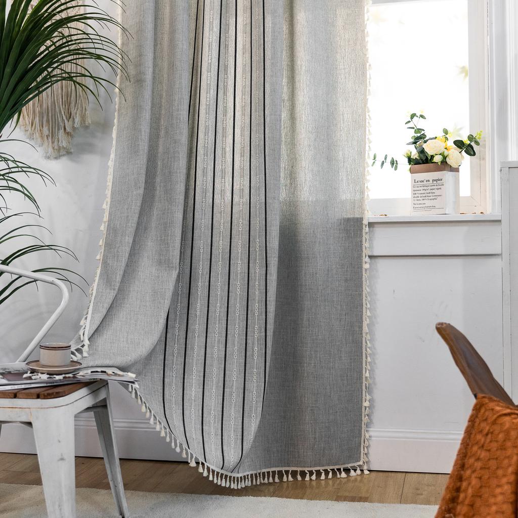 Finished Curtains American Country Living Room Semi-Blackout Windows Geometric Stripes Coffee Kitchen Curtains