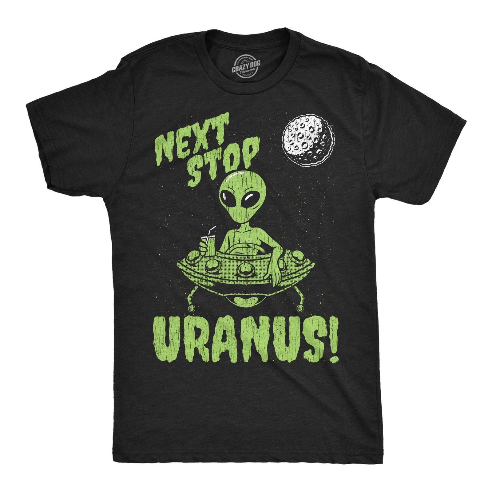 Mens Funny T Shirts Next Stop Uranus Sarcastic Alien UFO Graphic Novelty Tee for S