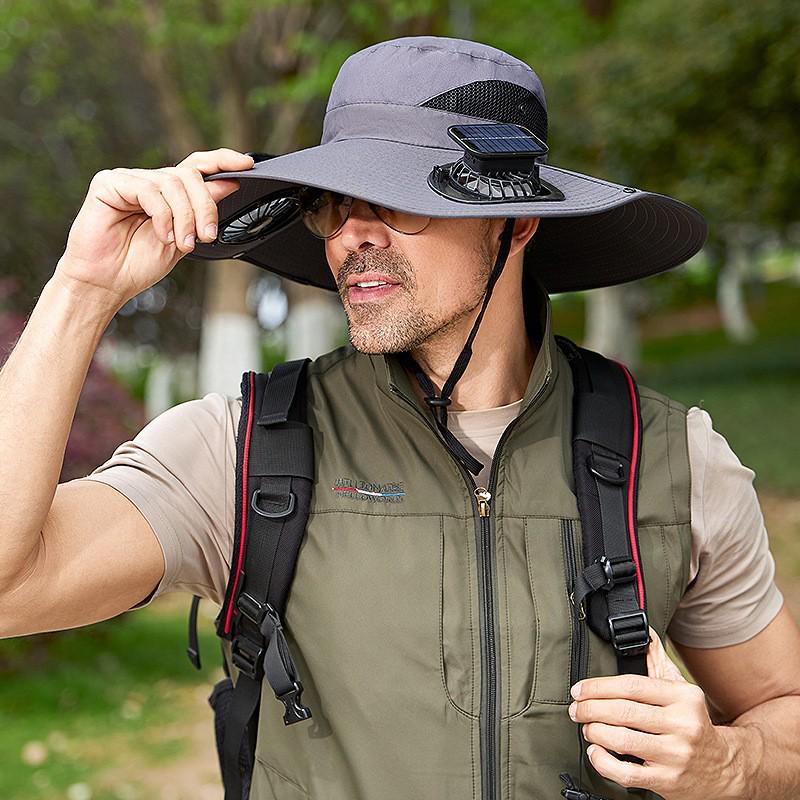 Solar-Powered Wide-Brim Hat with Fan & Face Shield for Outdoor Cycling, Fishing & Sun Protection