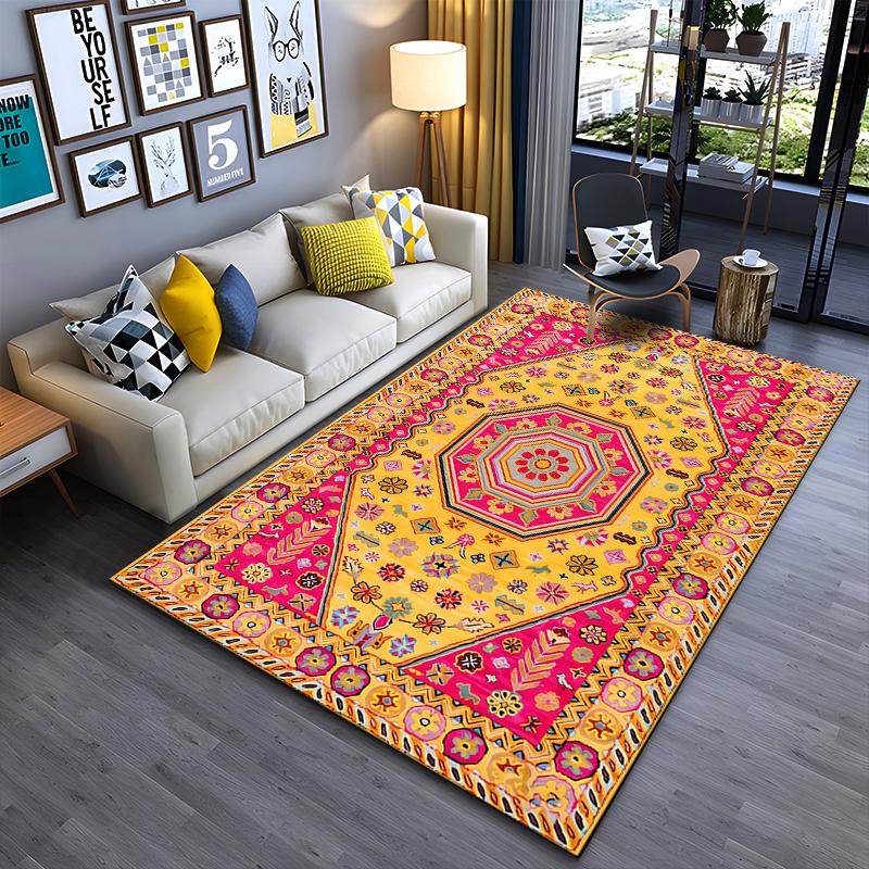 Bohemian Style Carpet with Geometric Floral Pattern in Yellow & Red Suitable for use as an anti-slip for living room bedroom sofas