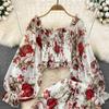 Fashion Set Women's  Long Sleeve Square Neck Slim Fit Chiffon Shirt 2 Two Pieces Suits Sets High Waist Slim Wide L