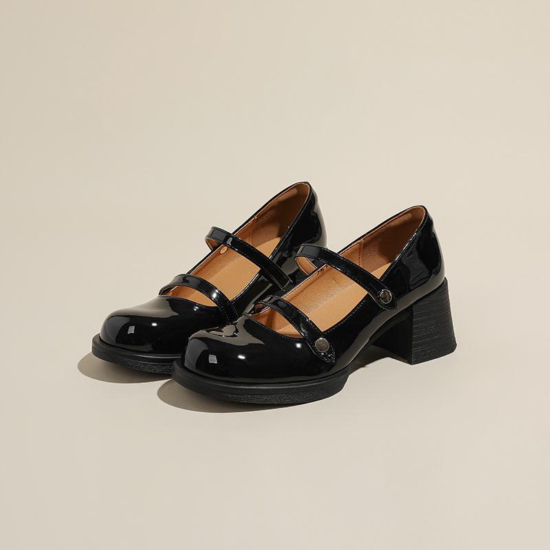 

French high-heeled Mary Jane shoes women s spring and autumn round head with thick heel single shoes retro light mouth black small leather shoes 35 чёрный