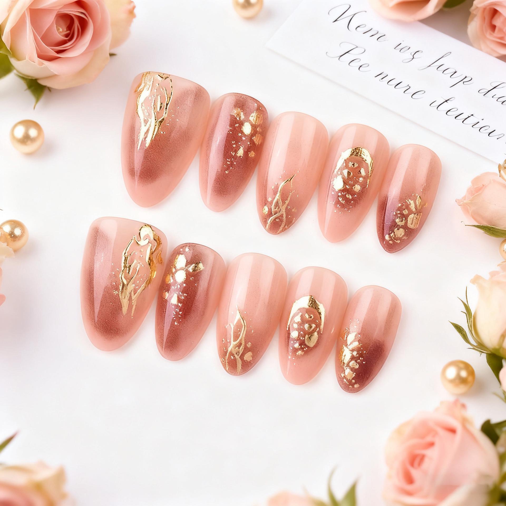 30 Gold Foil 3D French Cat Eye Marbling Mirror Powder Almond Nails