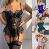 3Pcs Womens Lingerie Underwire Lace Lingerie Sets with Garter Belts One Pieced Bodysuit Teddys with Panty Stockings