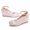 Pumps Women Shoes Round Toe Rhinestone Buckle Strap PU 5CM Wedges Heels Dress Sandals Japanese Style Women Shoes White