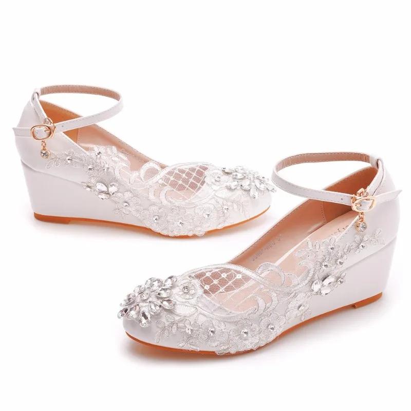 Pumps Women Shoes Round Toe Rhinestone Buckle Strap PU 5CM Wedges Heels Dress Sandals Japanese Style Women Shoes White