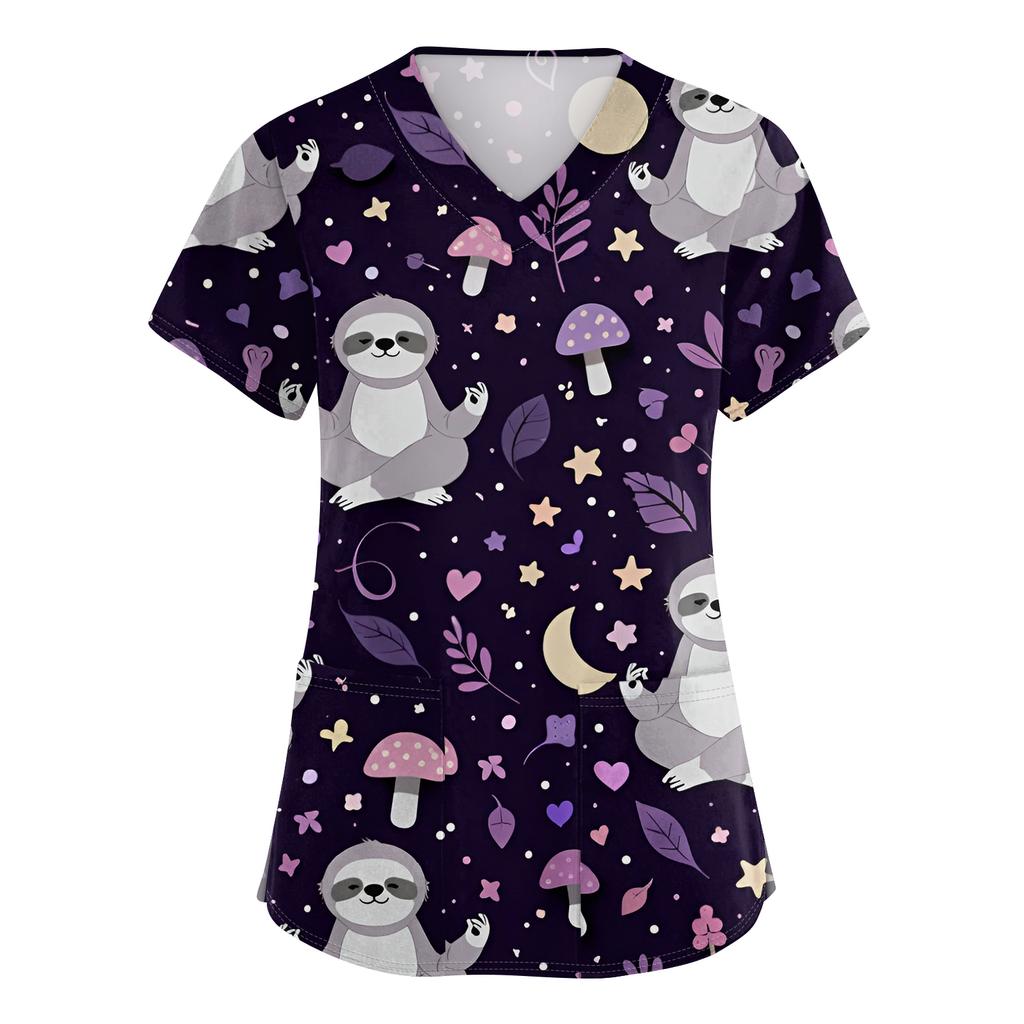 Women's Casual Short-Sleeve Cute Animal Print V-Neck Pocket Workwear Top