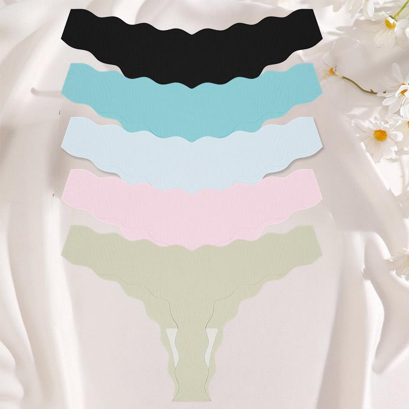 FINETOO 5Pcs/Set Women's Seamless Thong Underwear Wavy Edge No Show Soft Stretch Low Rise Invisible Panties for Daily Wear