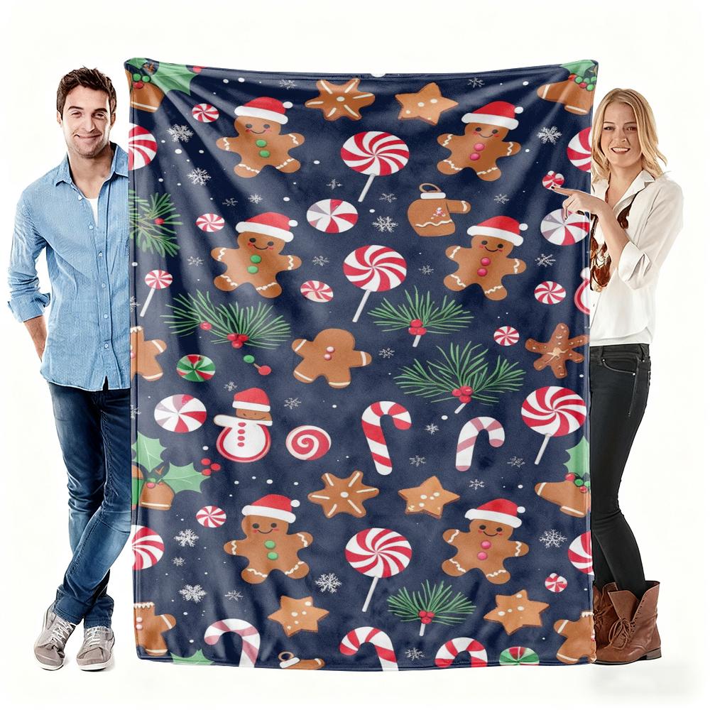 Christmas Gingerbread Man & Candy Pattern Fleece Blanket Navy Blue Festive Throw Blanket For Couch Bed Lounging Ideal Gifts