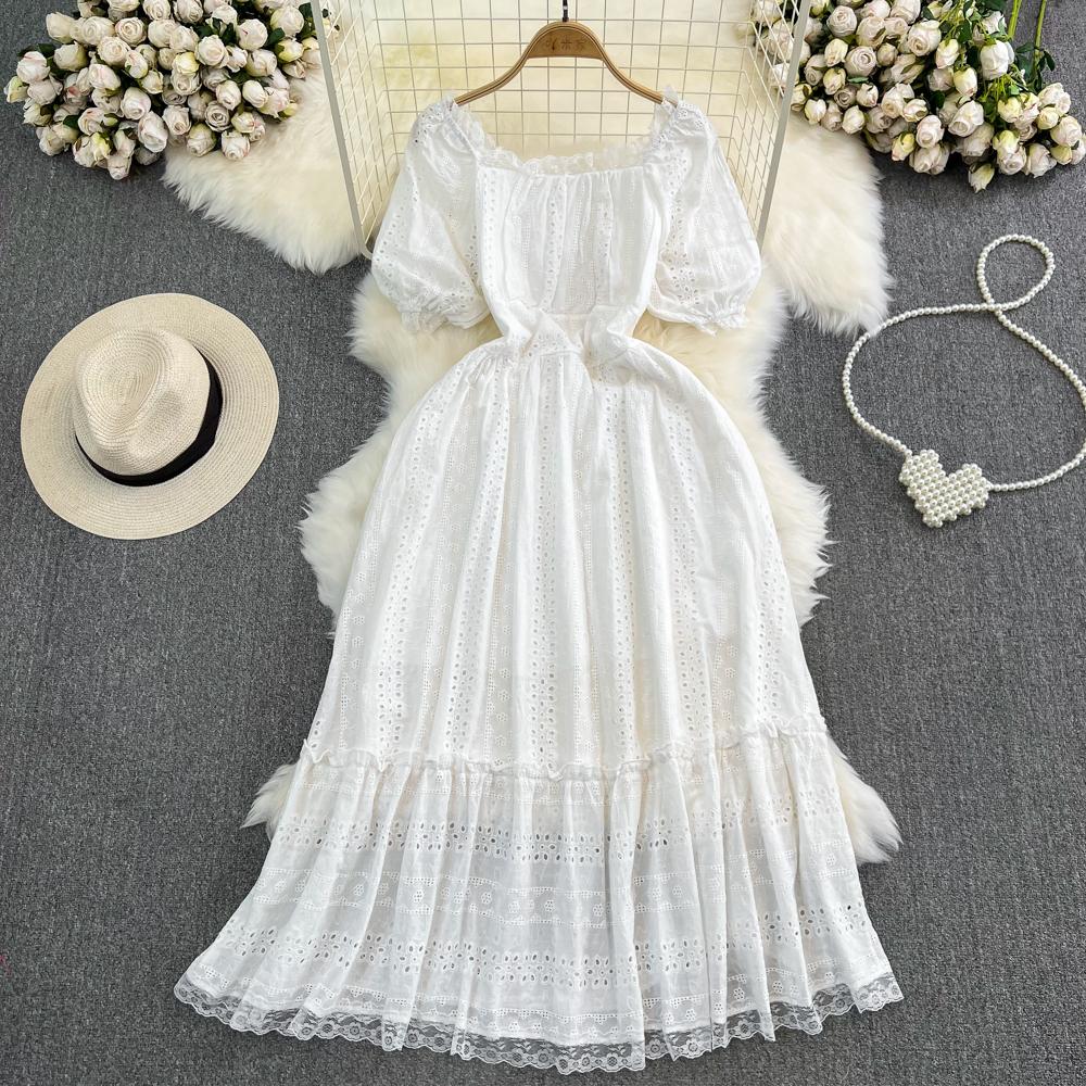 

Летнее женское ажурное кружевное длинное платье винтажное квадратное воротник с короткими пышными рукавами и высокой талией трапециевидной формы для отпуска, пляжное платье, новинка One Size белый