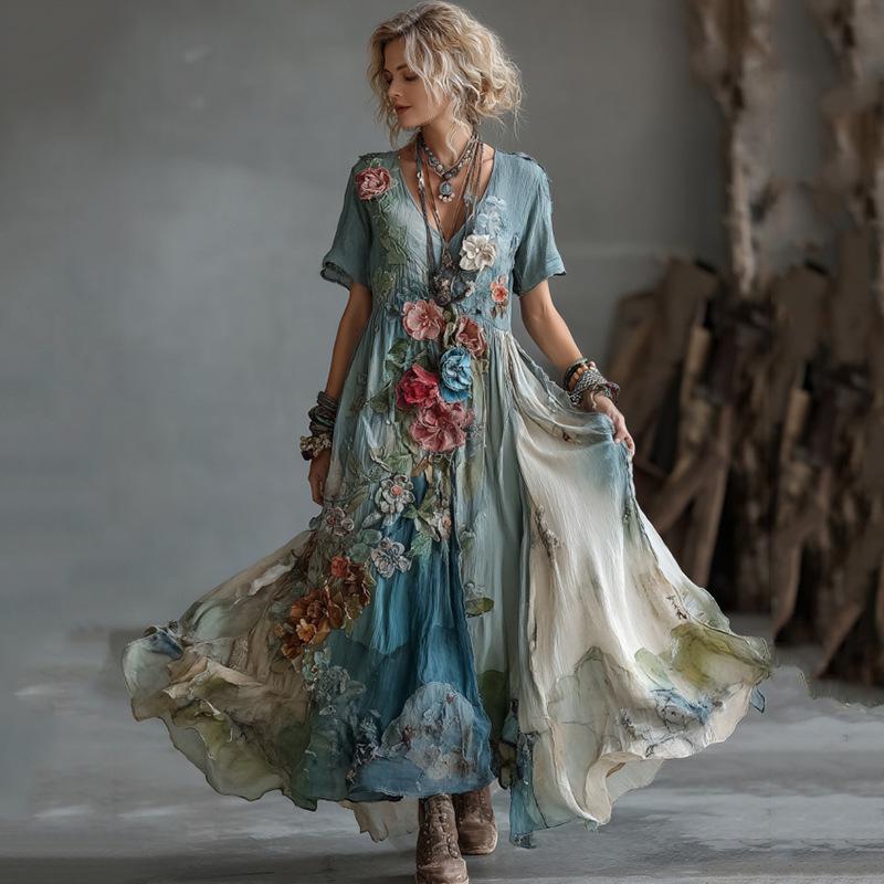 Damen Sommer V-Ausschnitt Kurzarmkleid mit kreativem Totem-Print S gray