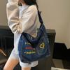 Trendy Simple Heavy Embroidery Washed Denim Crossbody Bags Women Vintage Casual Large Capacity Tote Shoulder Bags Commuting Bag