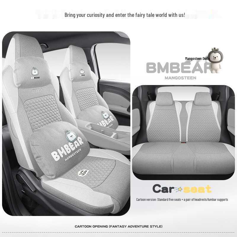 BYD Seagull Cotton & Linen Car Seat Cushions - Full-Coverage, Breathable, Cute Cartoon Design, Perfect for Women, All Seasons.