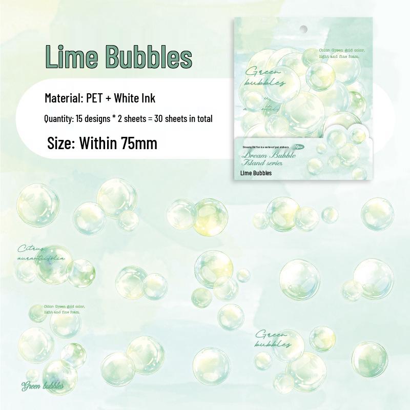 

Dream Bubble Island Sticker Pack: 30-Sheet Colorful Journaling Set with 6 Styles, PET White Ink, Paper Trace Theme.
