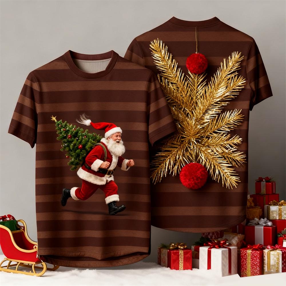Christmas-Themed Men's Crew Neck Short-Sleeve T-Shirt 3D Santa Claus Striped Print Unisex Comfortable Breathable T-Shirt