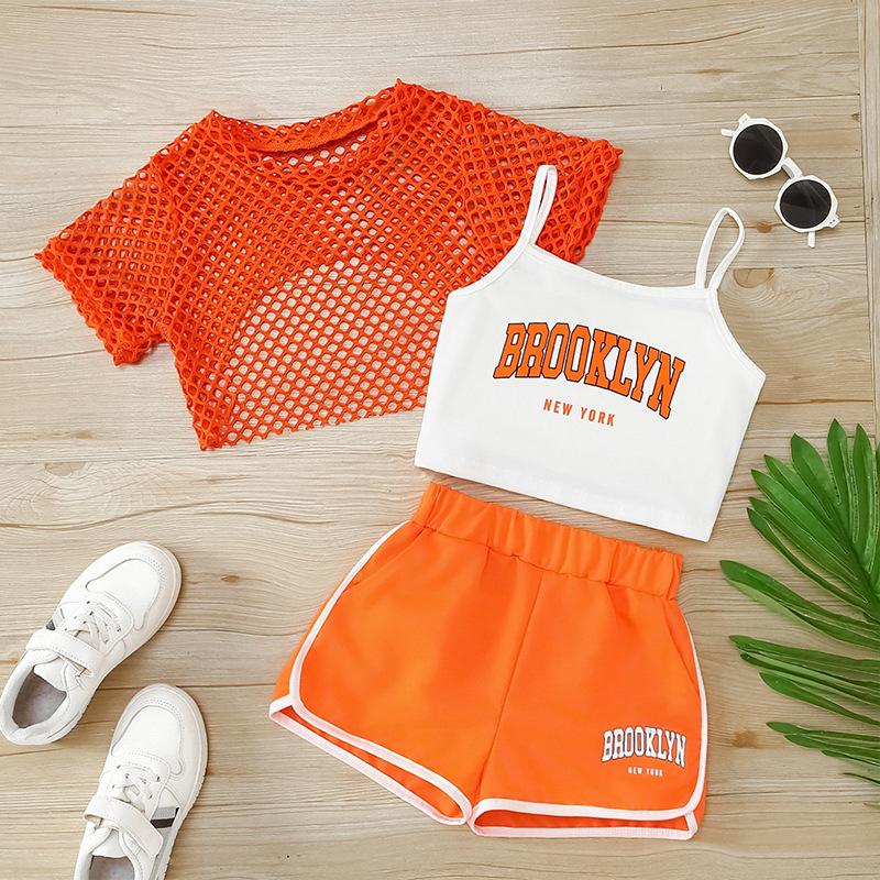 Girls 3 Piece Outfit Set Mesh Short Sleeve Top Letter Print Camisole Tank Top Elastic Waist Shorts Summer Clothing Set