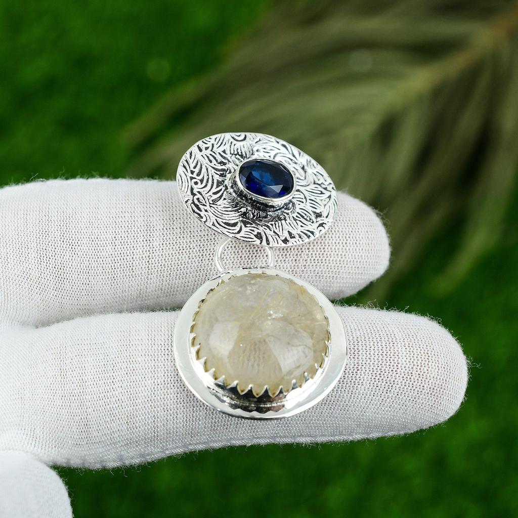 Anniversary Gift For Her Natural Golden Rutile Gemstone Pendant 925 Silver