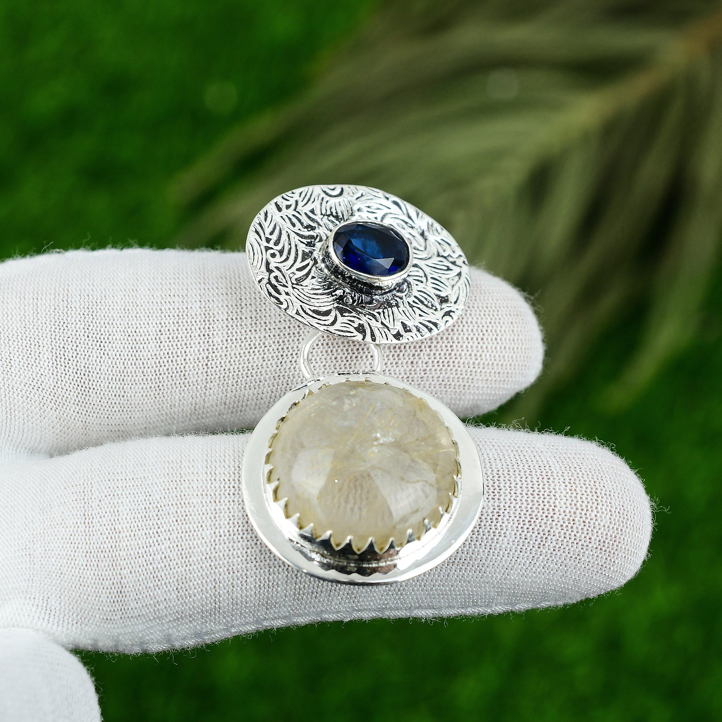 Подарок на годовщину для нее Натуральный золотой рутил Камень-самоцвет Подвеска Серебро 925 пробы