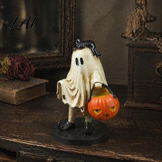 Artistic Desktop Collection Vintage Halloween Ghost Figurine Cute Spooky Resin Statue with Pumpkin Figurine Bucket And Black Cat for Indoor