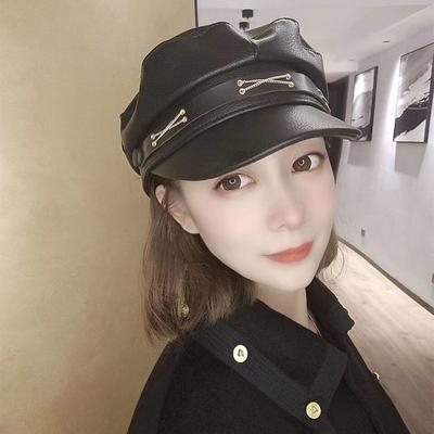 Metal Chain Retro Pu Leather Painter Hat Octagonal Hat Autumn and Winter Windproof Face Small European Goods Internet Celebrities Ins