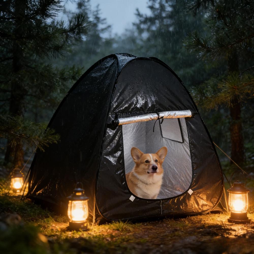 Black Foldable Dogs Tent Coated Silver Outdoor Travel Pet Shelter Nest Bed Windproof Cat House with Shade Cloth for Medium Dogs