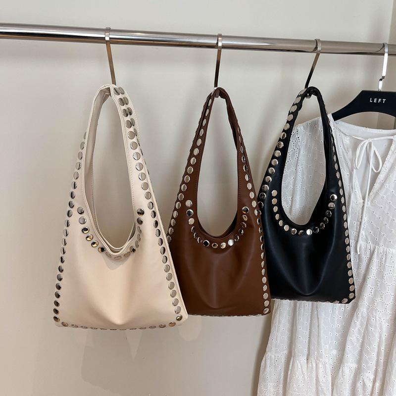 Trendy Retro One-Shoulder Rivet Bag with Textured Design