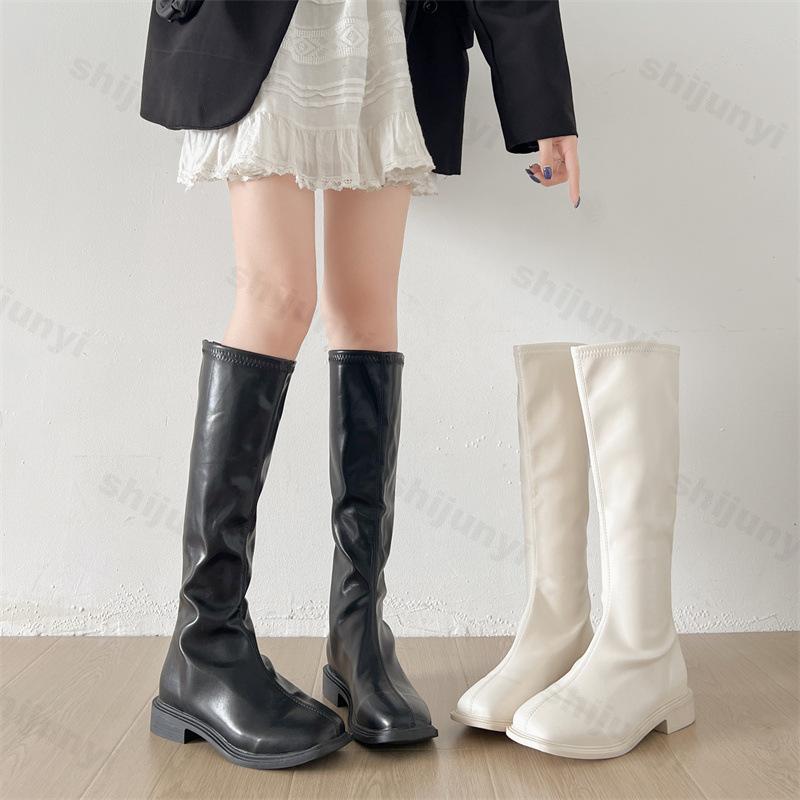 Moda Luksusowe Damskie Kozaki do Kolana Jednolity Kolor Okrągły Nosek Kwadratowy Obcas Tylne Zamki Szycie Wsuwane Moda Vintage Eleganckie Botas Mujer