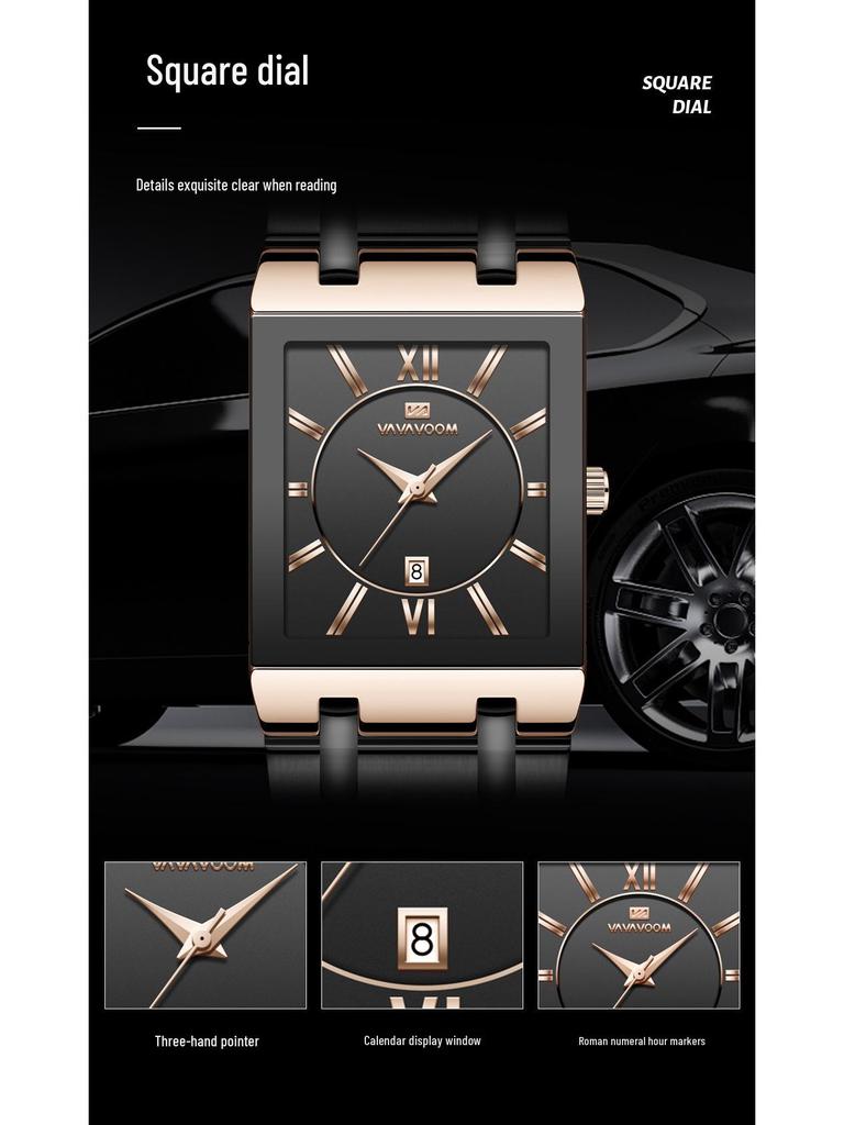 Men's Black Gold Quartz Waterproof Wristwatch with Steel Band