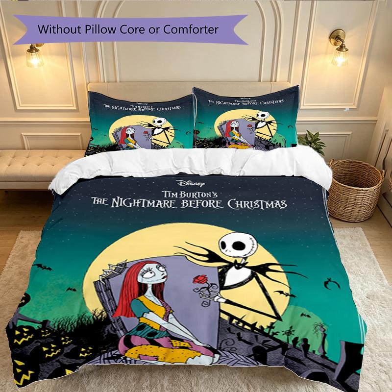Halloween Jack Sally Skull Duvet Cover Set - Without Core & Quilt, Lightweight Machine Washable, Anime Style Gaming Bed Set
