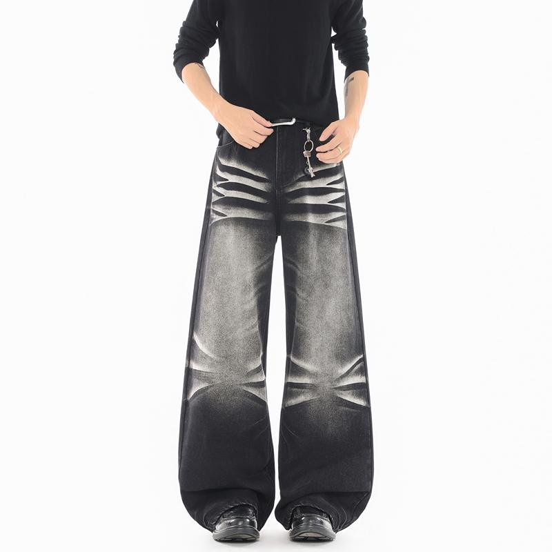 Retro Washed Workwear Jeans, Men's Wide Leg Pants, Straight Leg Pants