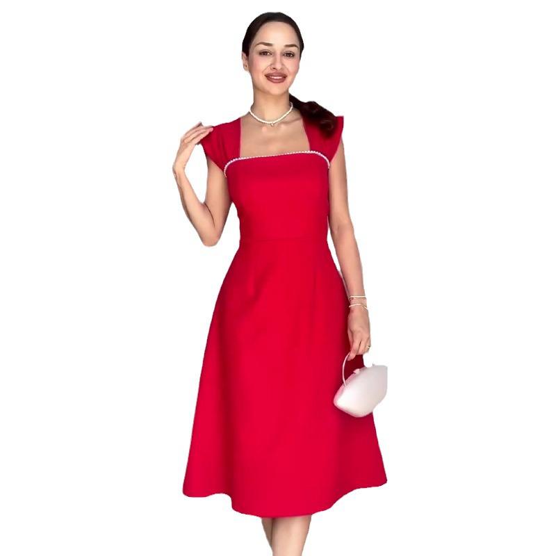 2024 Letní dámské francouzské retro šaty se čtvercovým výstřihem a korálky