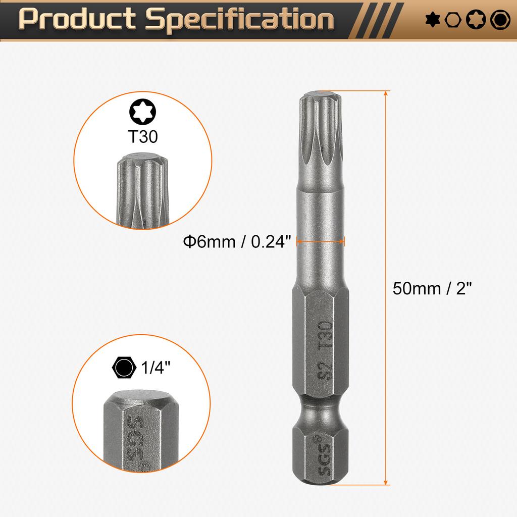 Torx Head Screwdriver Bit T5-T50 1/4" Hex Shank 50mm Magnetic No Hole Tip Tamper Proof 6 Point Star S2 Screw Driver Drill Bits