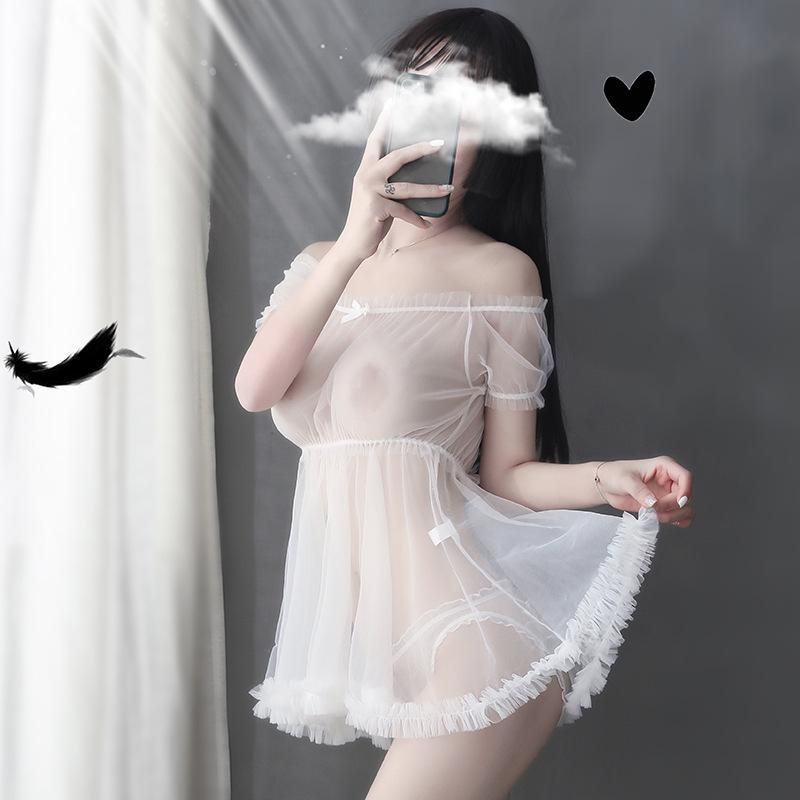 New sexy underwear perspective princess suit one-word shoulder mesh skirt seduces girl transparent milk leakage nightdress