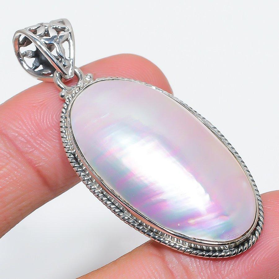 Natural Mother Of Pearl Gemstone 925 Solid Sterling Silver Gift Pendant 2" I3w56