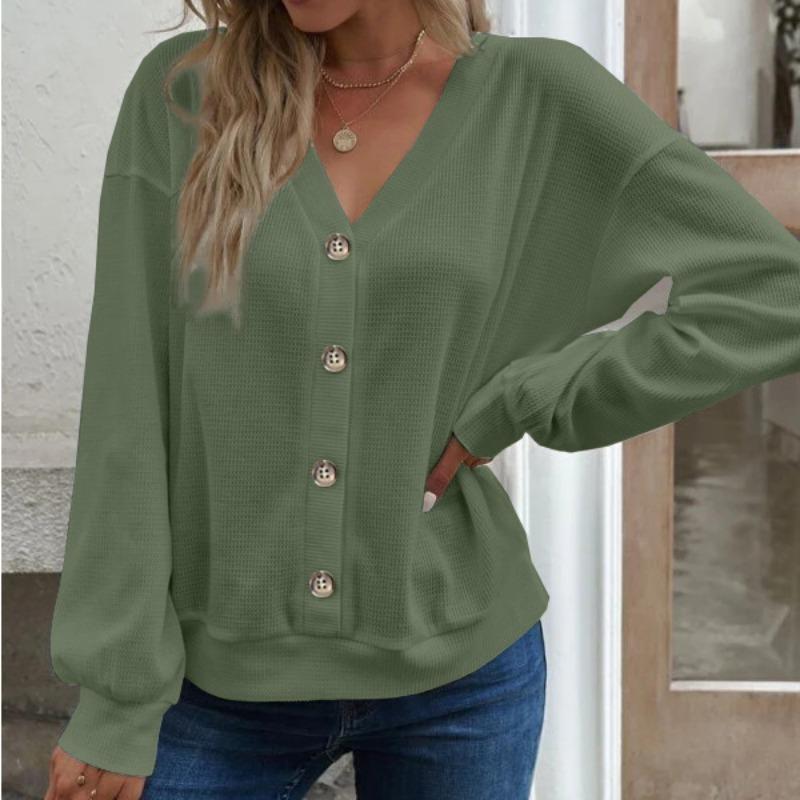 Herbst und Winter Damen Langarm-Top mit V-Ausschnitt, fester Knopf, V-Ausschnitt, lockeres, langärmeliges T-Shirt für Damen