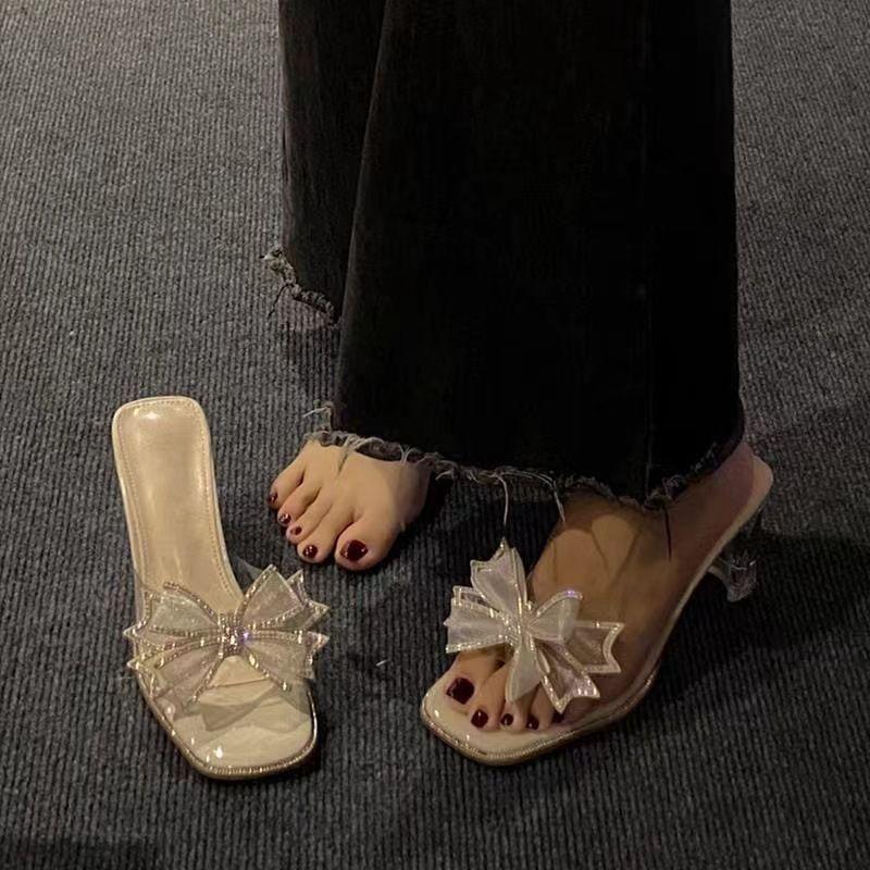 Internet Celebrity Thick Heel Fashion Bow Summer Wear 2025 Transparent Crystal High Heel Slippers Rhinestone Sandals Fairy