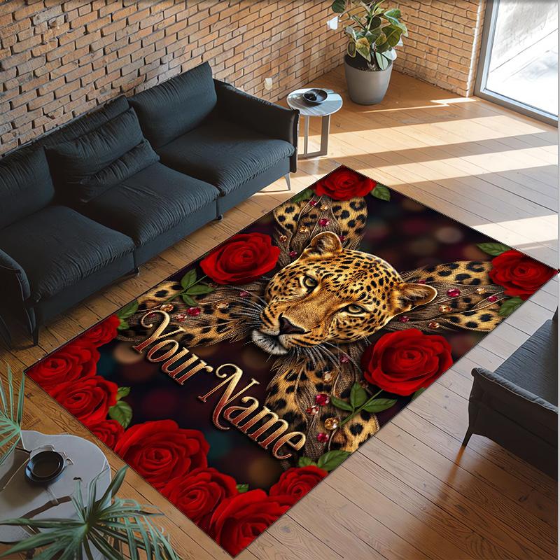 Leopard Theme Crystal Velvet Floor Rug Personalized Custom Name Text Warm Carpet Home Decoration