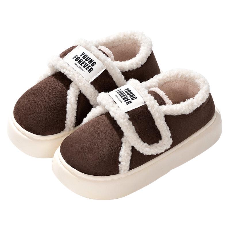 Women's Retro Velcro Cotton Slippers - Non-Slip, Warm Velvet, Full Heel for Autumn/Winter.