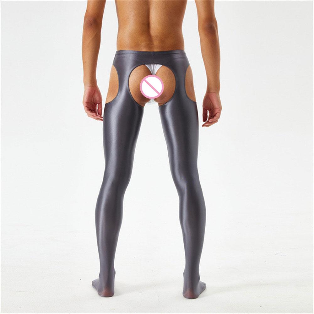 Sexy Men Candy Color Shiny Pencil Pants Sheer See Through Sexy Tight Smooth Elastic Fitness Hollow Out Gym Pants Open Crotch
