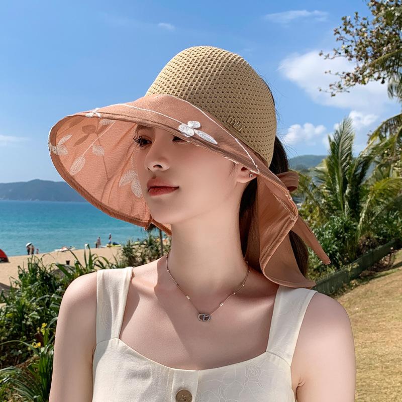 

Summer outdoor big eaves sun protection hat UV protection empty top hat children bow shawl bucket hat