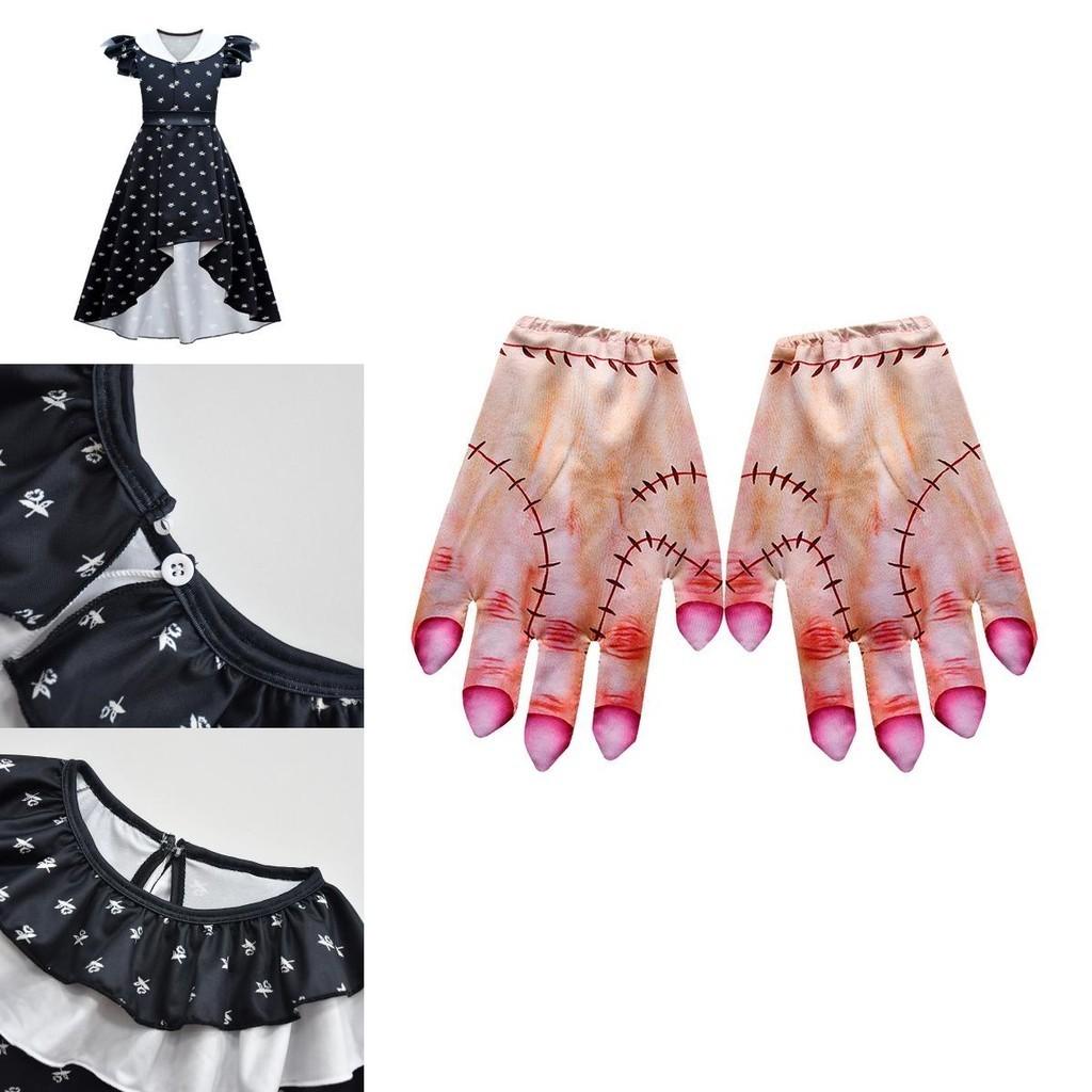 Mittwoch Addams Kleid Perücke Cosplay Kostüm für Mädchen Kinder Halloween Weihnachten Party
