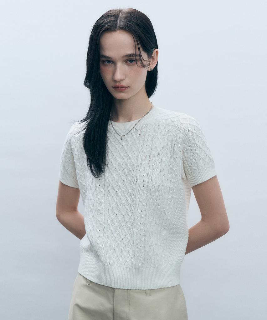 MONGDOL [From Italy] Cable Round Neck Short Sleeve Knit Top Mdkt100_5 Colors