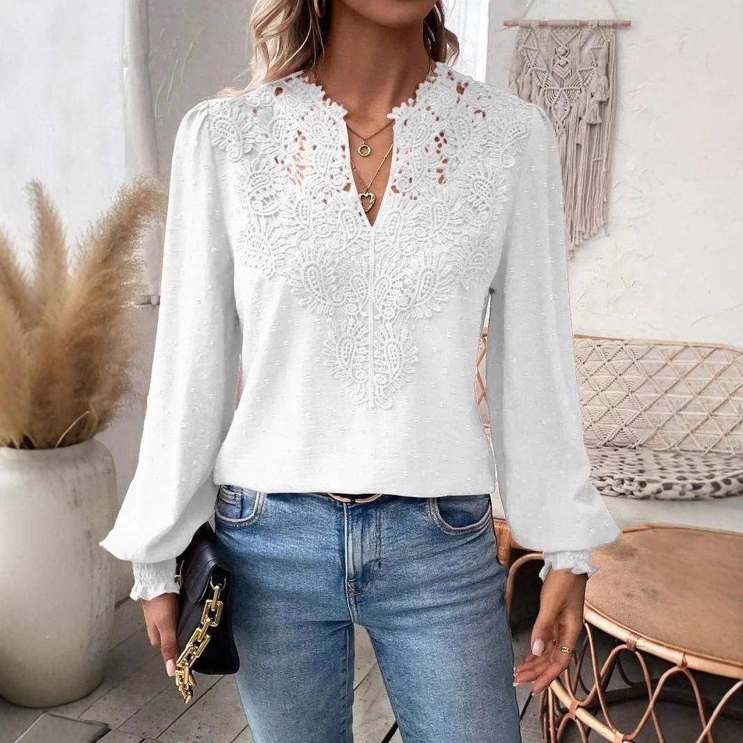 

Women s Elegant V-Neck Long Sleeve Blouse with Lace Detail, Casual Tops for Women, Lightweight Comfortable Shirt S світло-фіолетового кольору