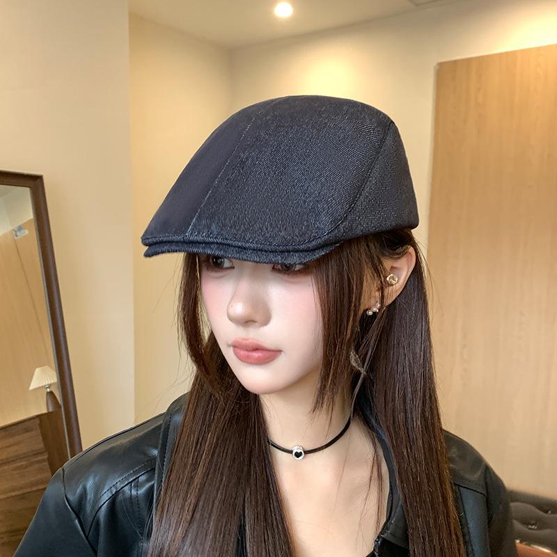 

American retro-style women s autumn and winter plain solid color versatile beret, duckbill cap, newsboy cap, artist hat E-108Navy blue denim cap