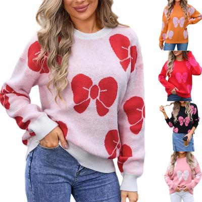 Women Cute Bow Graphic Sweater Crewneck Long Sleeve Knitted Pullover Top Knitwear Fall Winter Clothes